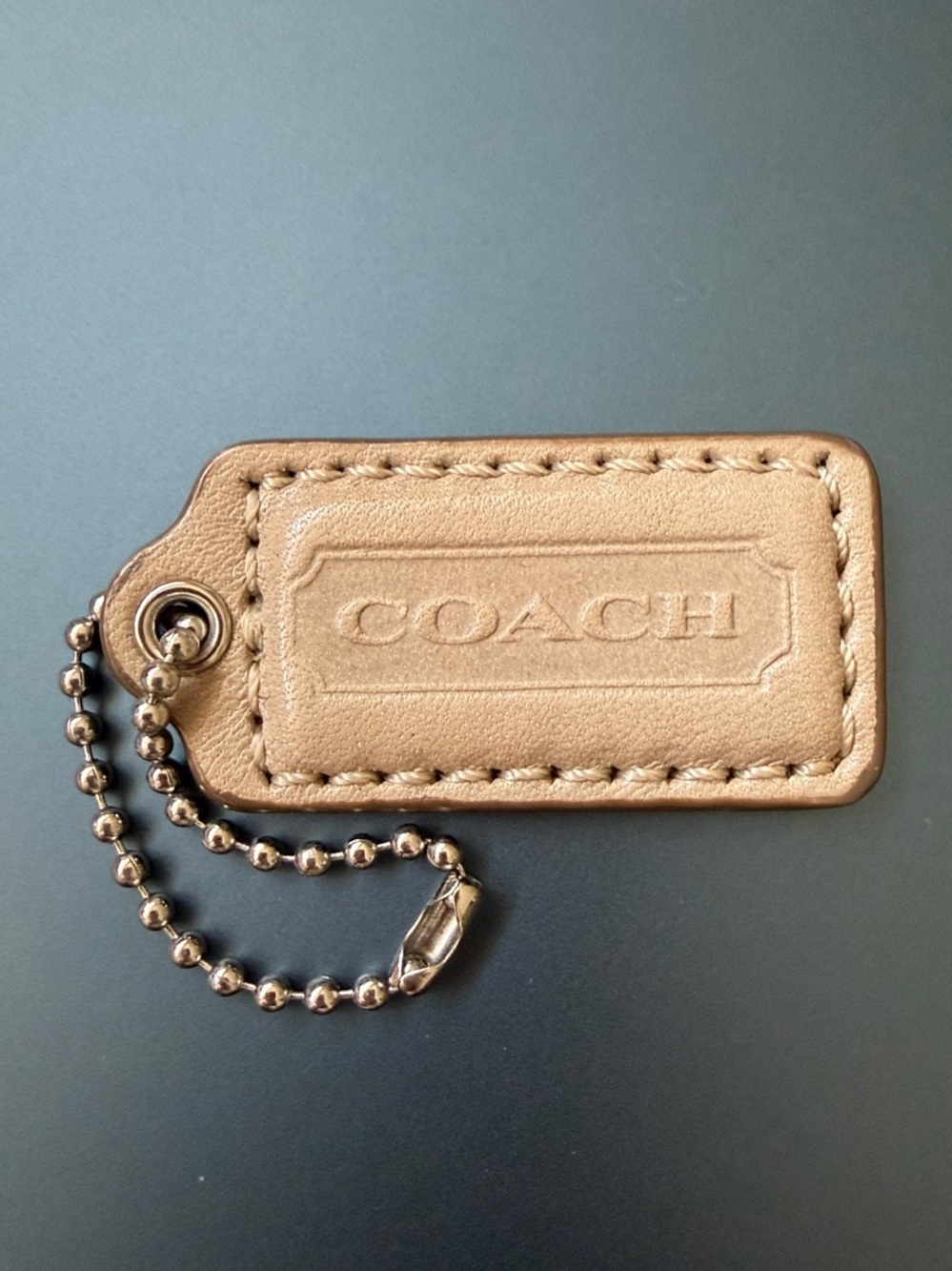 Coach Tan/Taupe Leather Embossed Tag Keychain with Silver Ball Chain